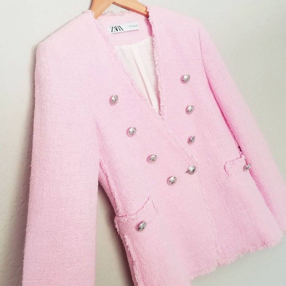 Zara Pink Tweed Blazer Jacket Metallic Buttons XS Blogger's Favorite Romantic - Picture 10 of 16